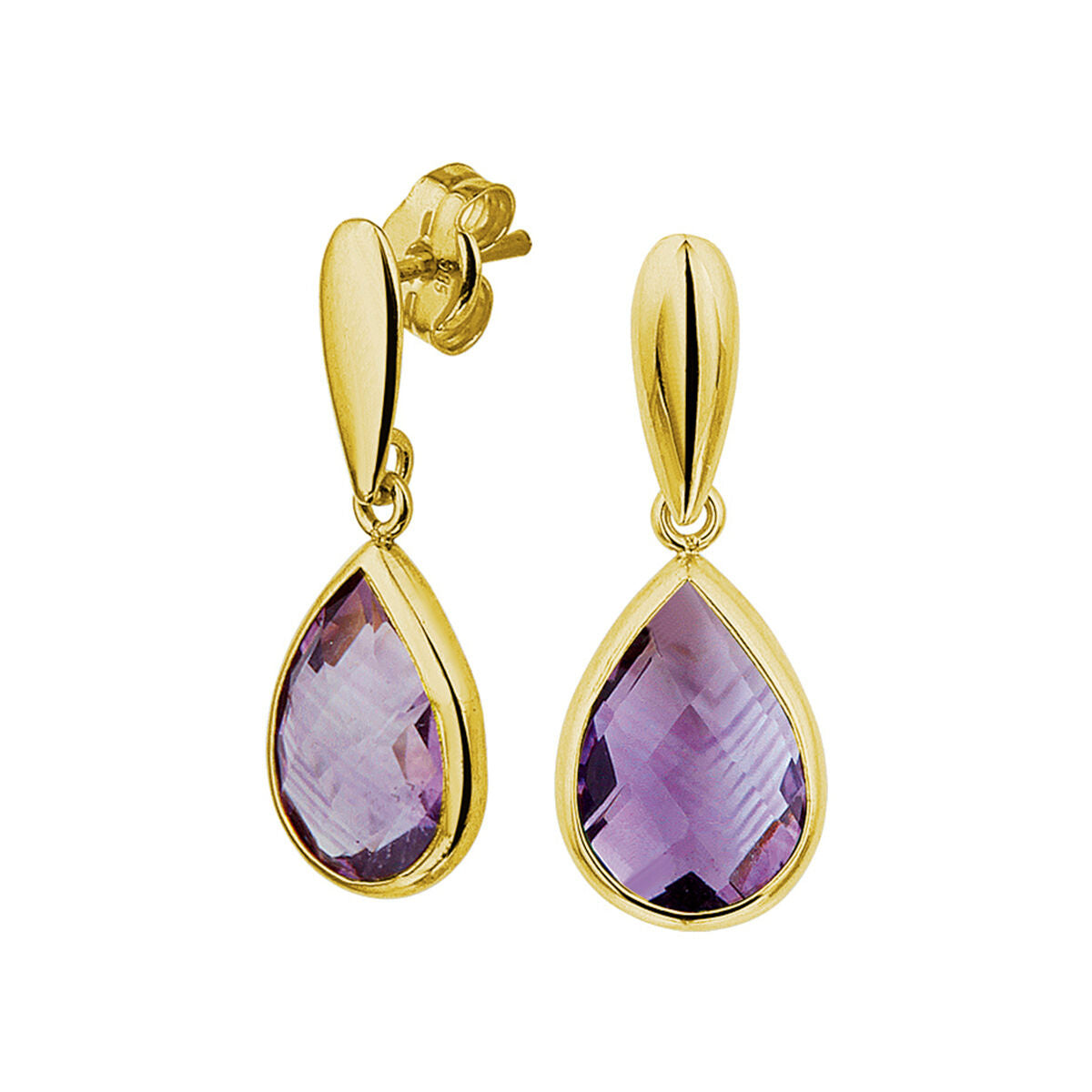 Orecchini in oro giallo 14K con pietra di ametista a forma di goccia.