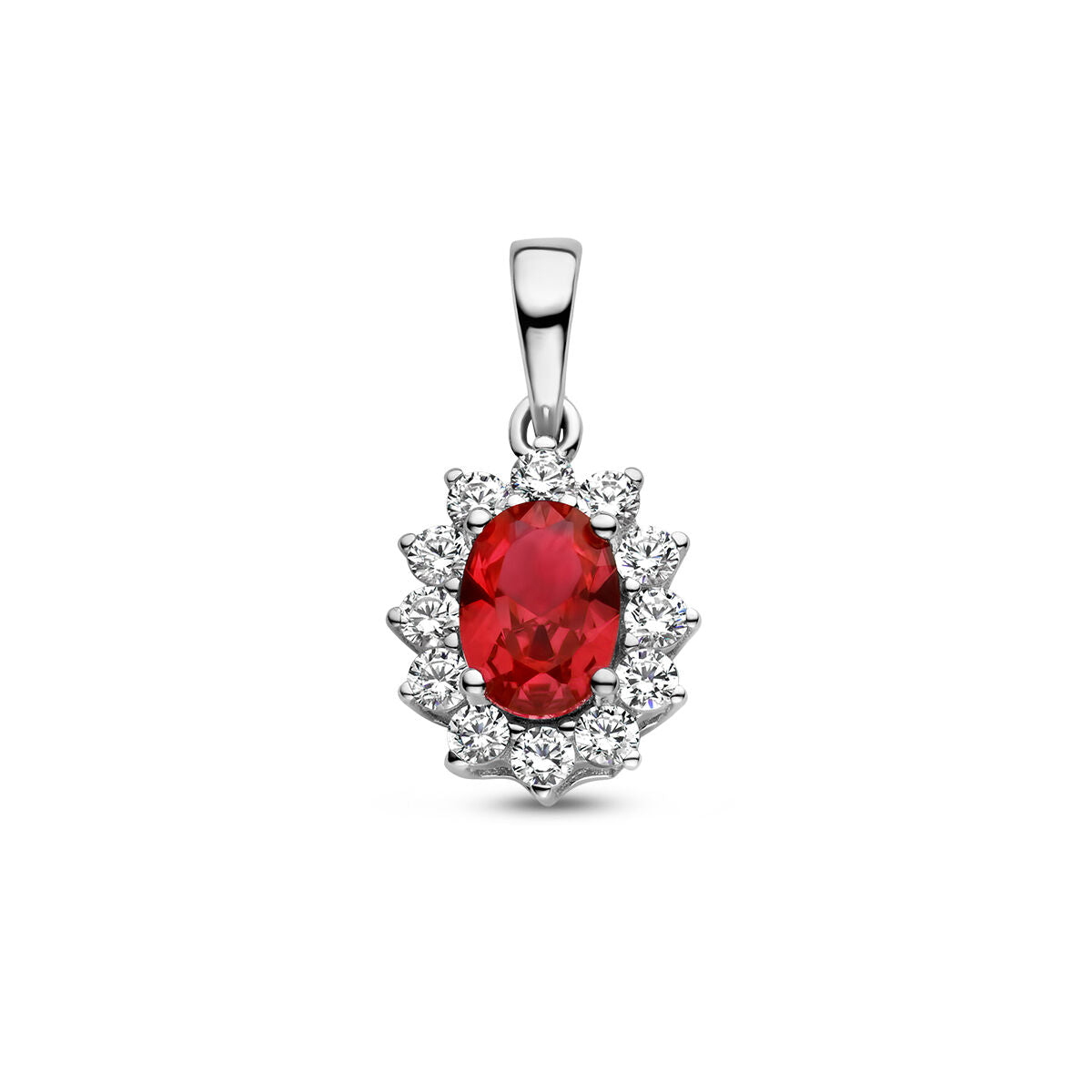 Ciondolo con corindone colorato e zirconi bianchi, finitura in argento rodiato.