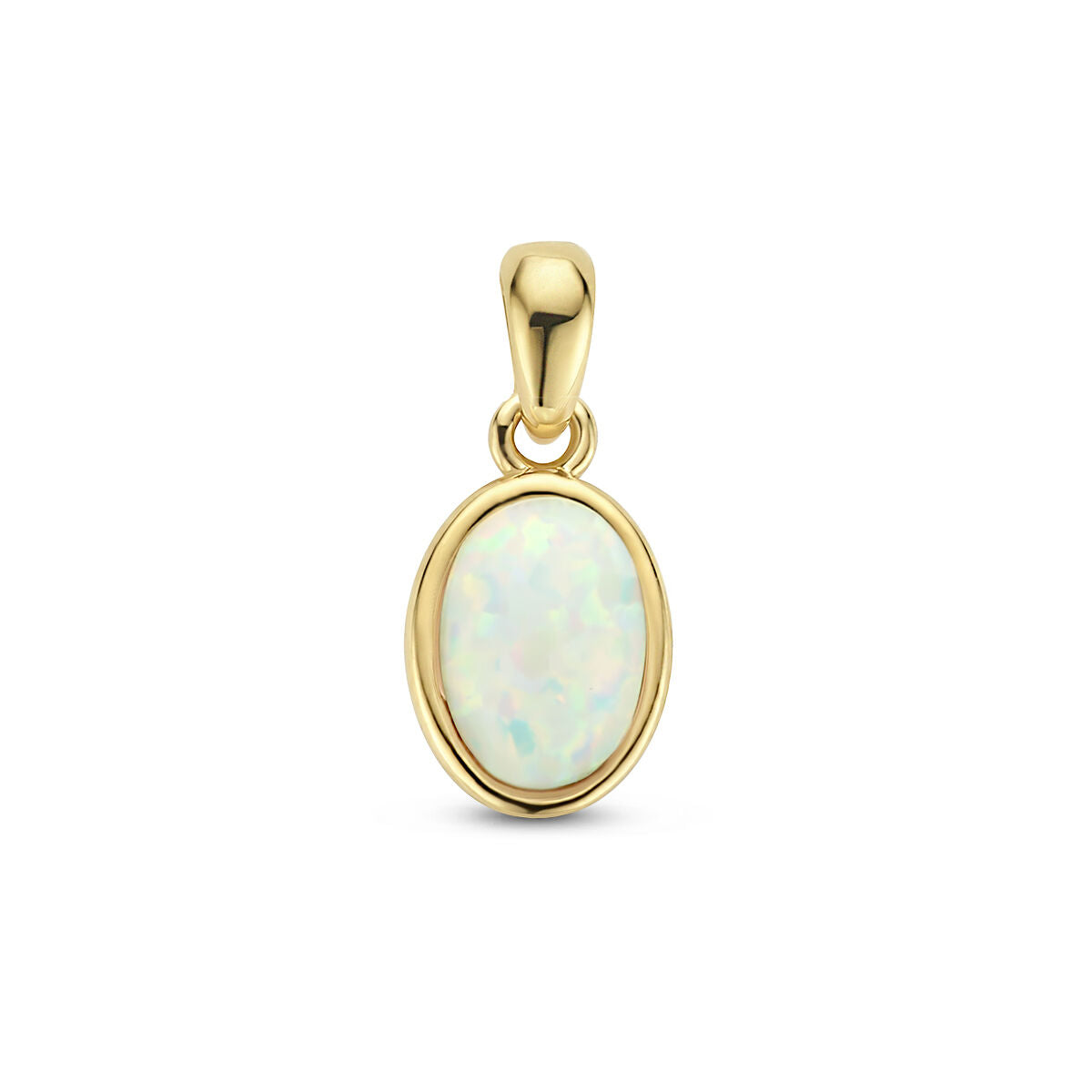 Ciondolo in opale bianco con montatura in oro giallo 14K, forma ovale.