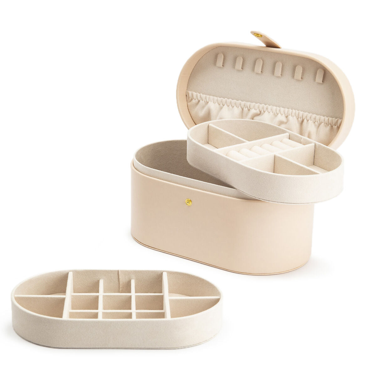 De sieradenbox zachtroze toebehoren van Van der Kooij Collectie heeft een scharnierend deksel, meerdere vakken, een ringvak en een uitneembare tray - ideaal voor dames die hun sieraden stijlvol willen ordenen.