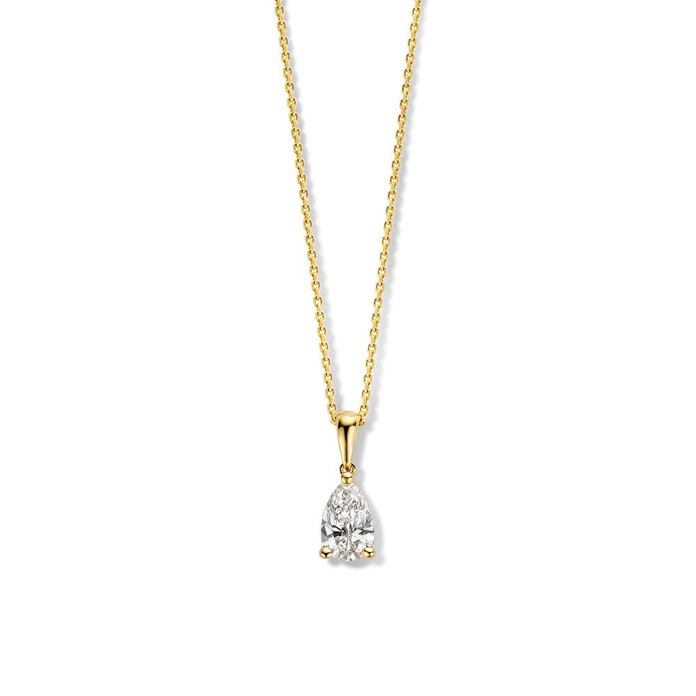 Collana in oro giallo con pendente a forma di goccia e diamante da 0,50 carati.