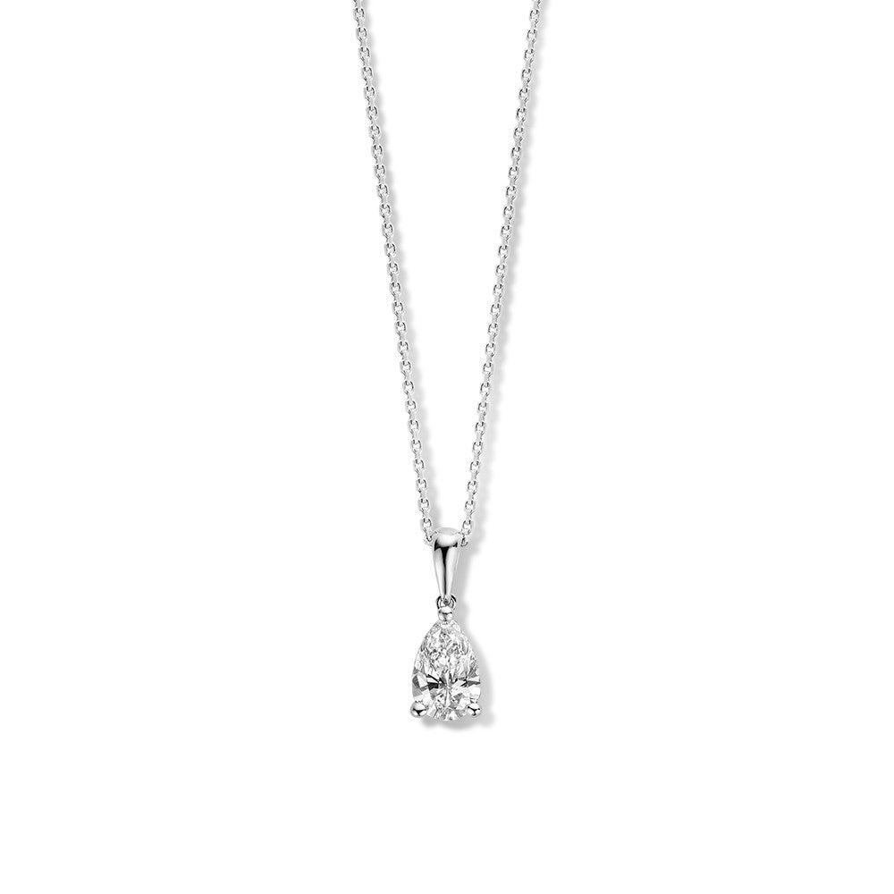 Collana in oro bianco con pendente a forma di goccia e diamante da 0,50 carati.