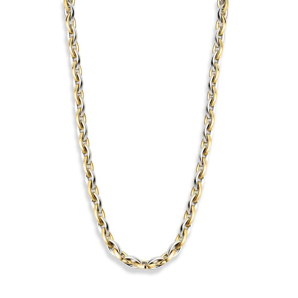 Collana in oro giallo e bianco 14 carati, lunga 45 cm, con maglie rotonde.