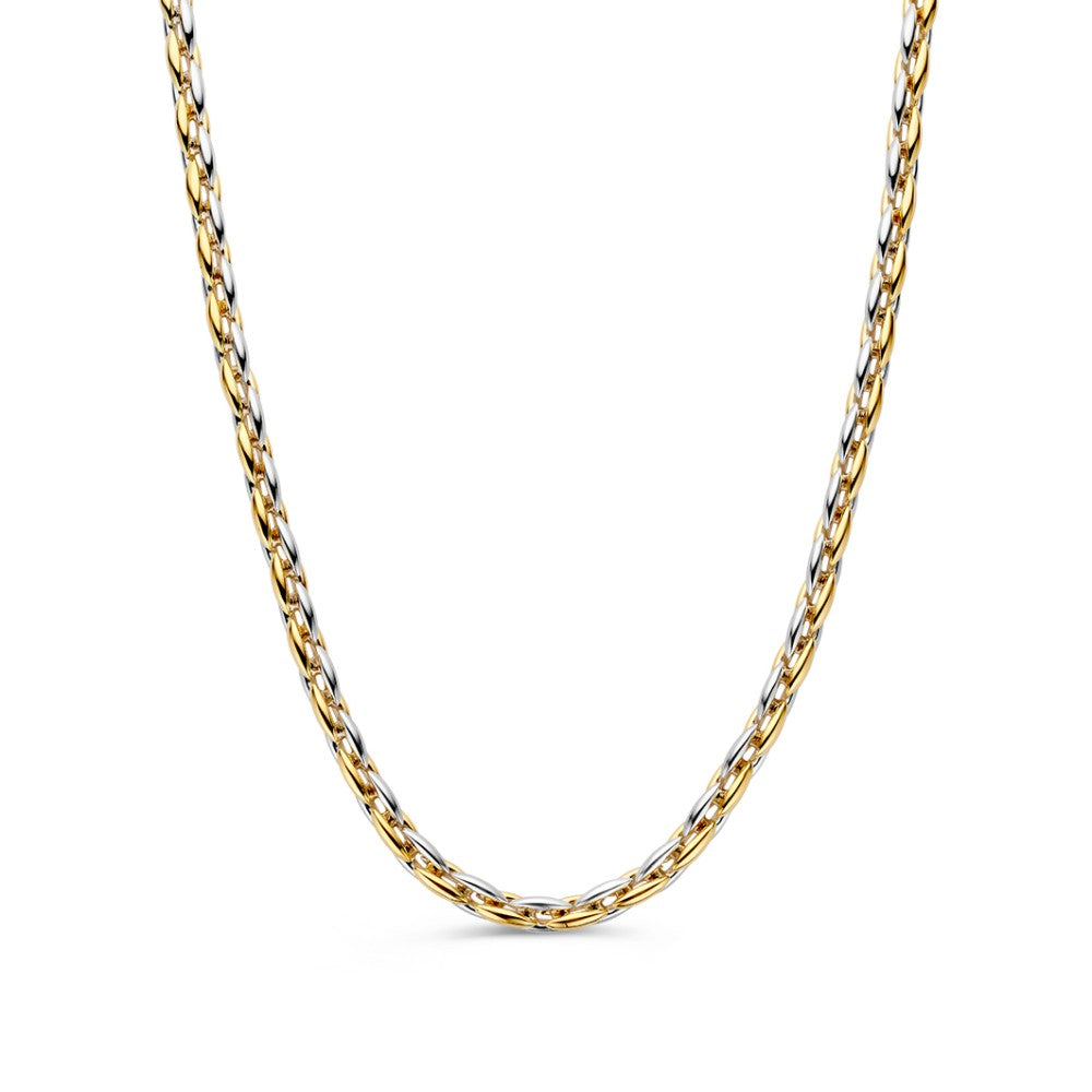 Collana bicolore con maglia intrecciata in oro e argento.