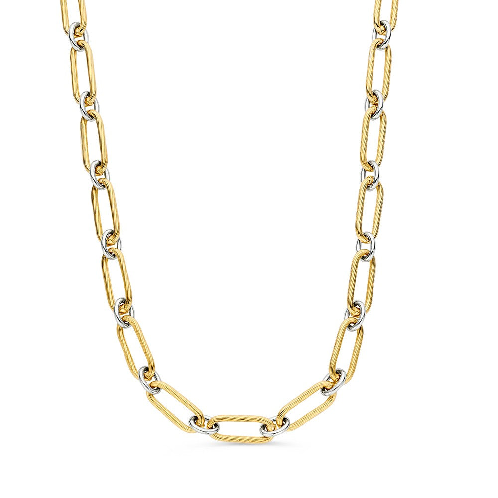 Collana bicolore con maglie ovali dorate e argentate.
