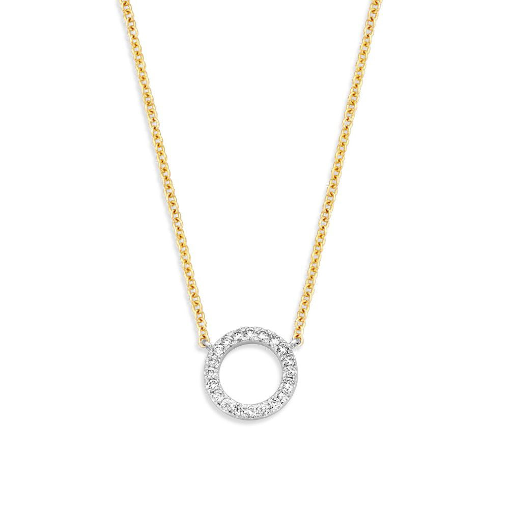 Collana in oro giallo con pendente circolare in diamanti, 14 carati, 0,11 carati.