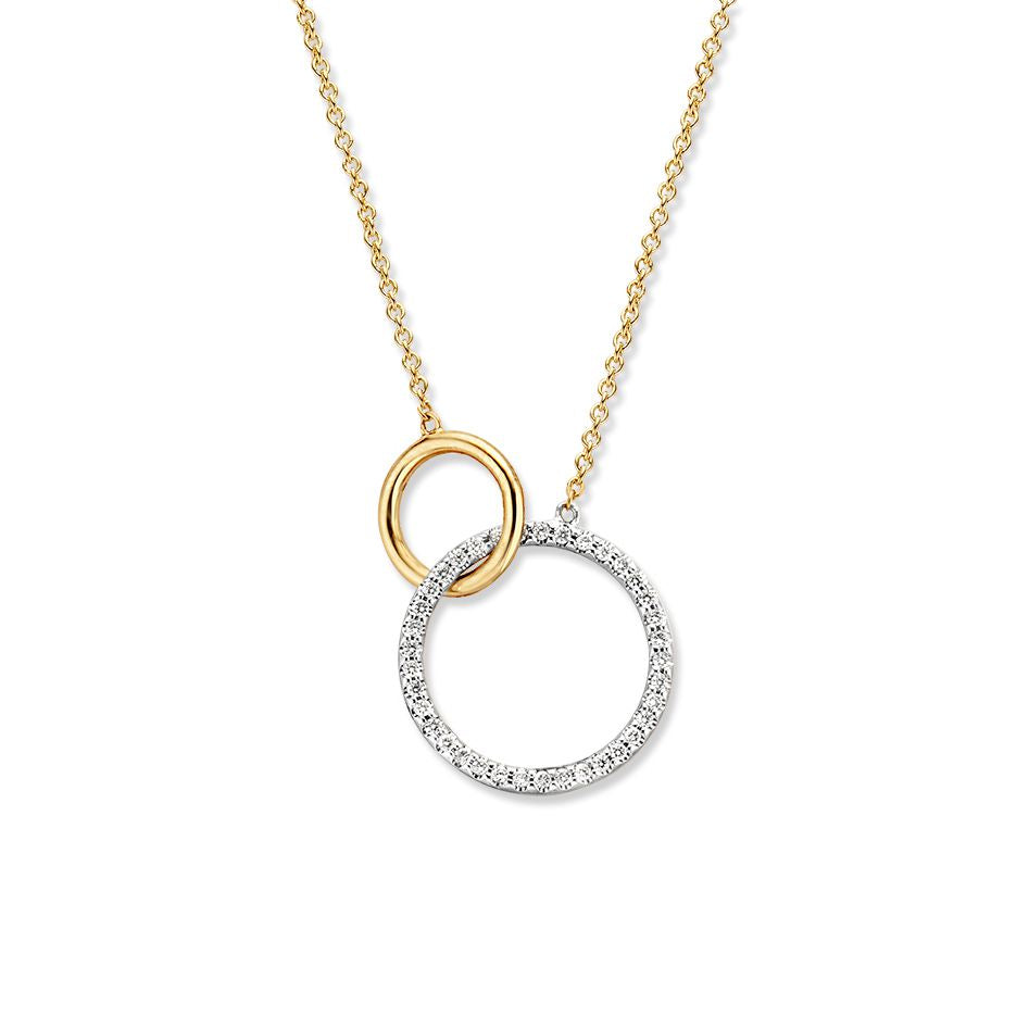 Collana in oro giallo 14 carati con due cerchi intrecciati e diamante da 0,11 crt.