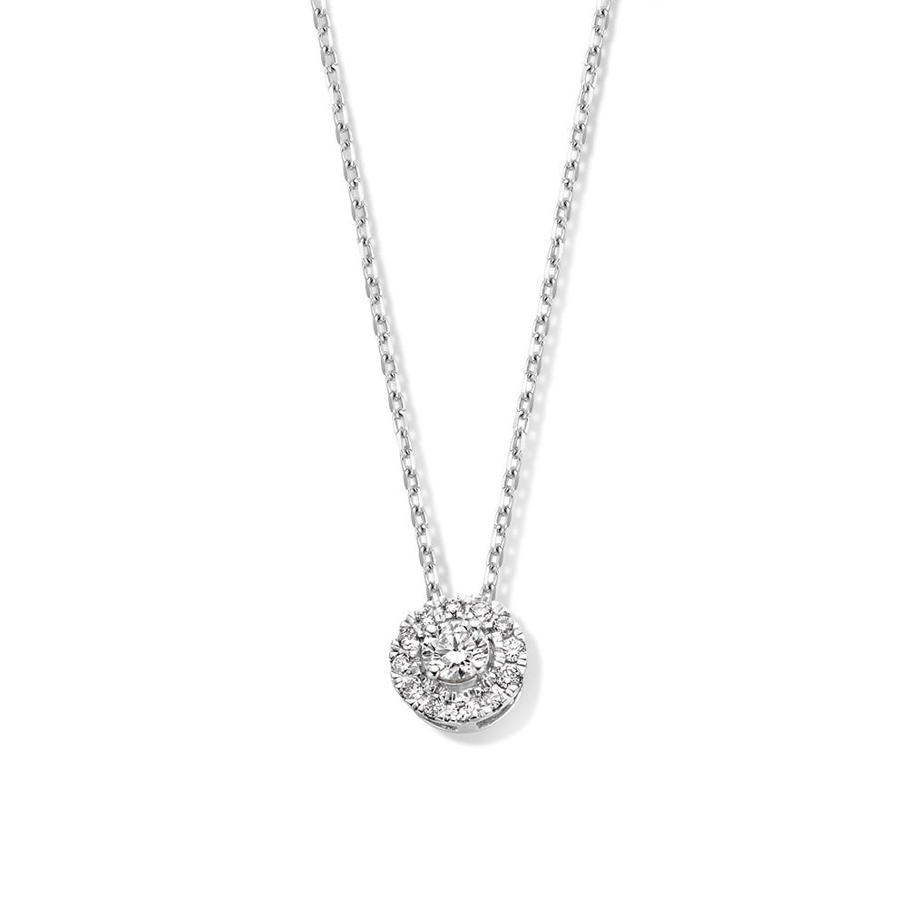 Collana in oro bianco con pendente rotondo e diamanti da 0,20 carati.