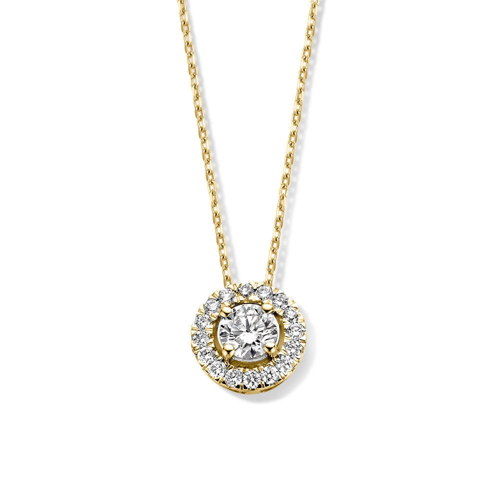 Collana in oro giallo con pendente rotondo e diamante centrale circondato da piccoli diamanti.
