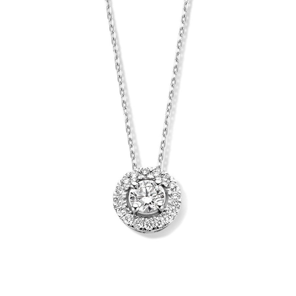 Collana in oro bianco con pendente rotondo impreziosito da diamanti.