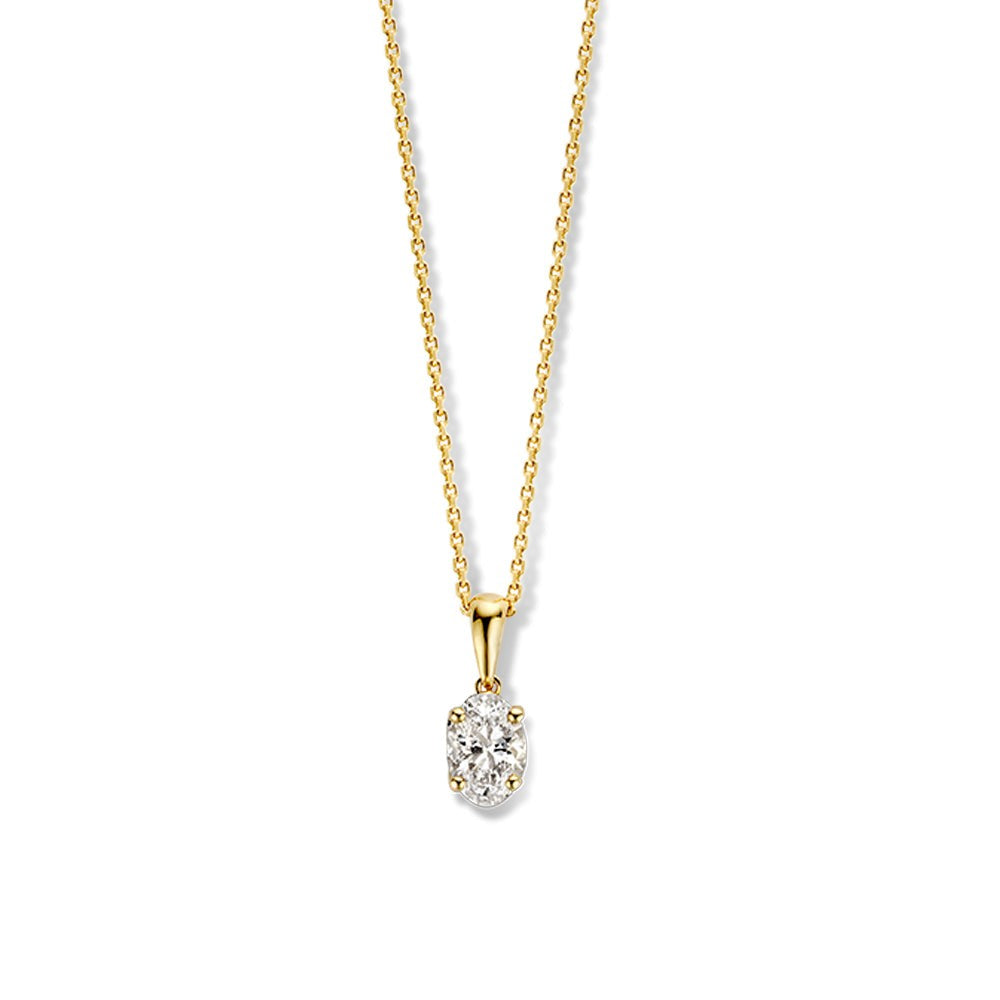 Collana in oro giallo con pendente ovale e diamante da 0,50 carati.