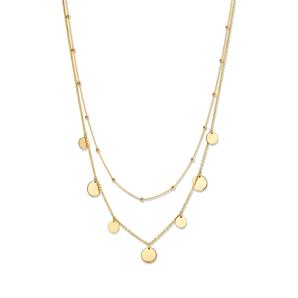 Collana in oro giallo 14K con doppia catena e monete, design moderno per donne.