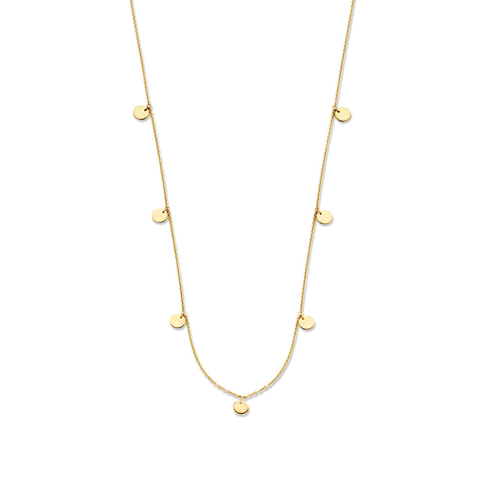 Collana in oro giallo 14K con monete, design sottile e senza tempo.