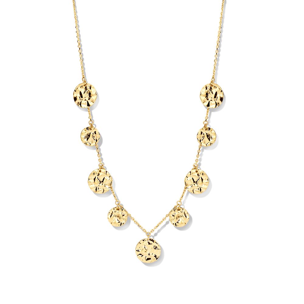 Collana in oro giallo 14K con monete martellate, design elegante per donne.