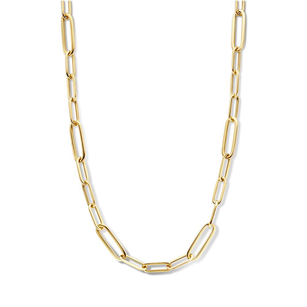 Collana in oro giallo 14K con chiusura a moschettone, design elegante e moderno.