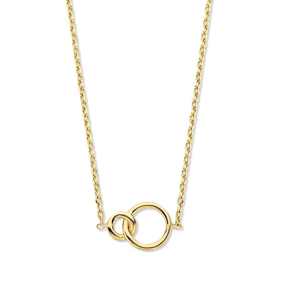 Gouden collier met geslepen ankerschakel en twee verbonden cirkels, 14-karaat.