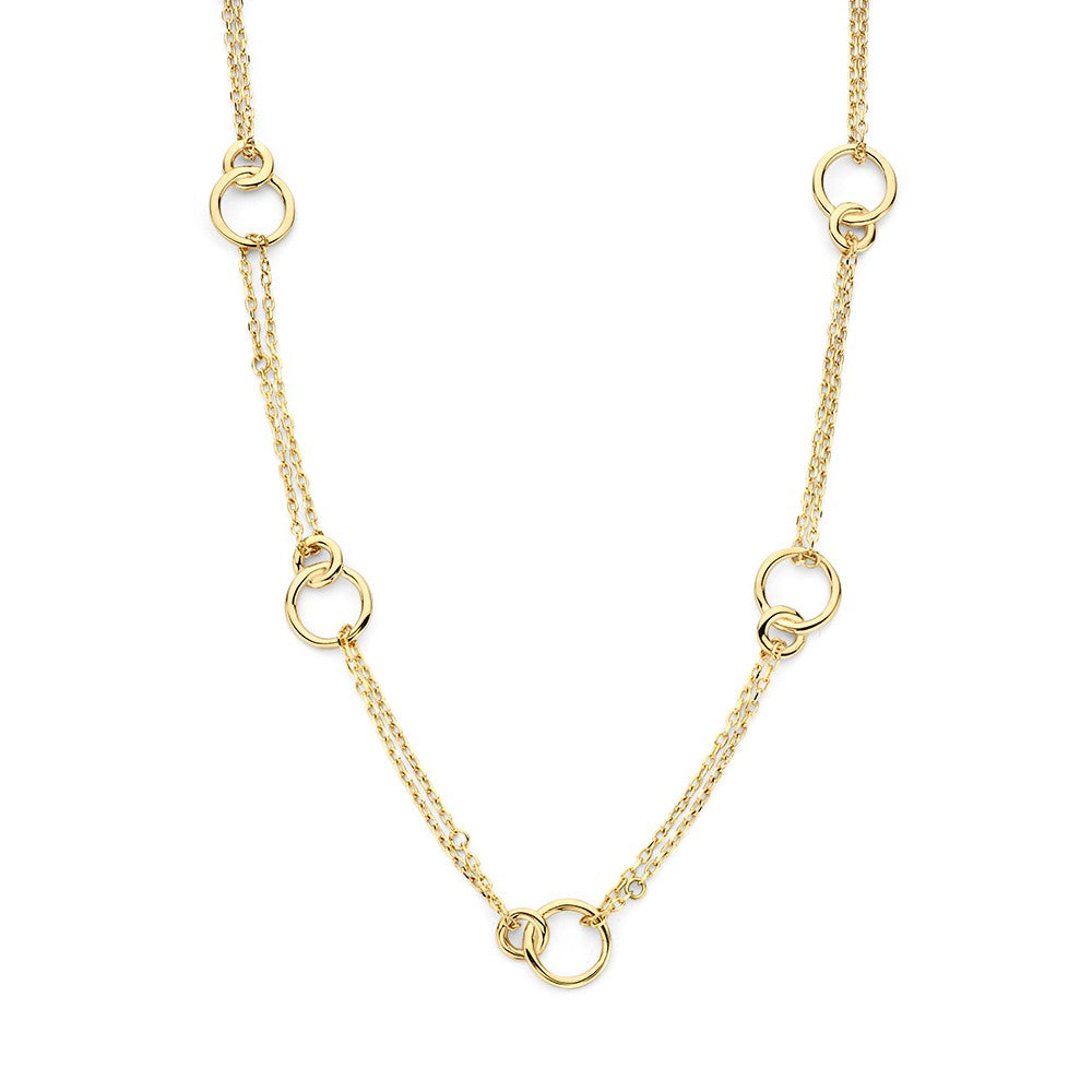Geelgouden collier met dubbele schakelketting en verbonden cirkels, 14-karaat.