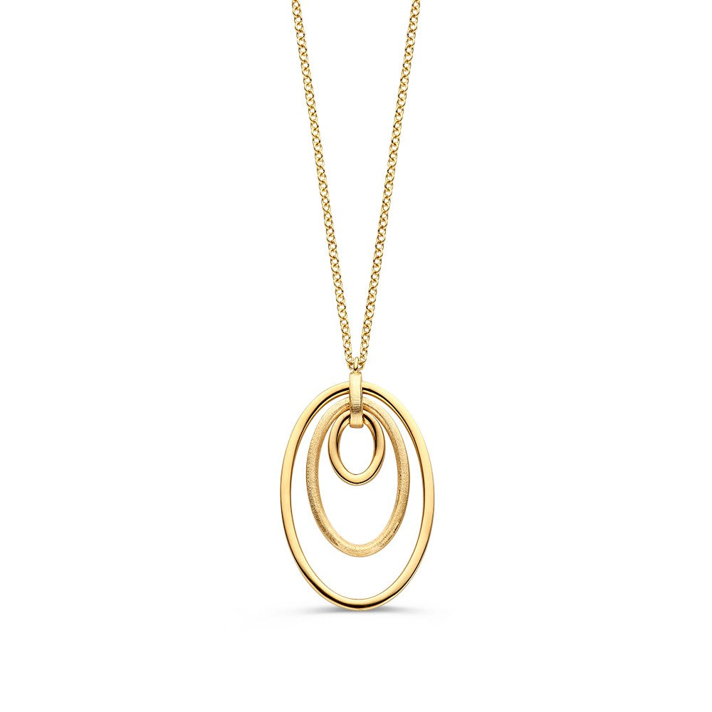 Geelgouden collier met een opvallende hanger van drie ovale elementen in 14 karaat goud.
