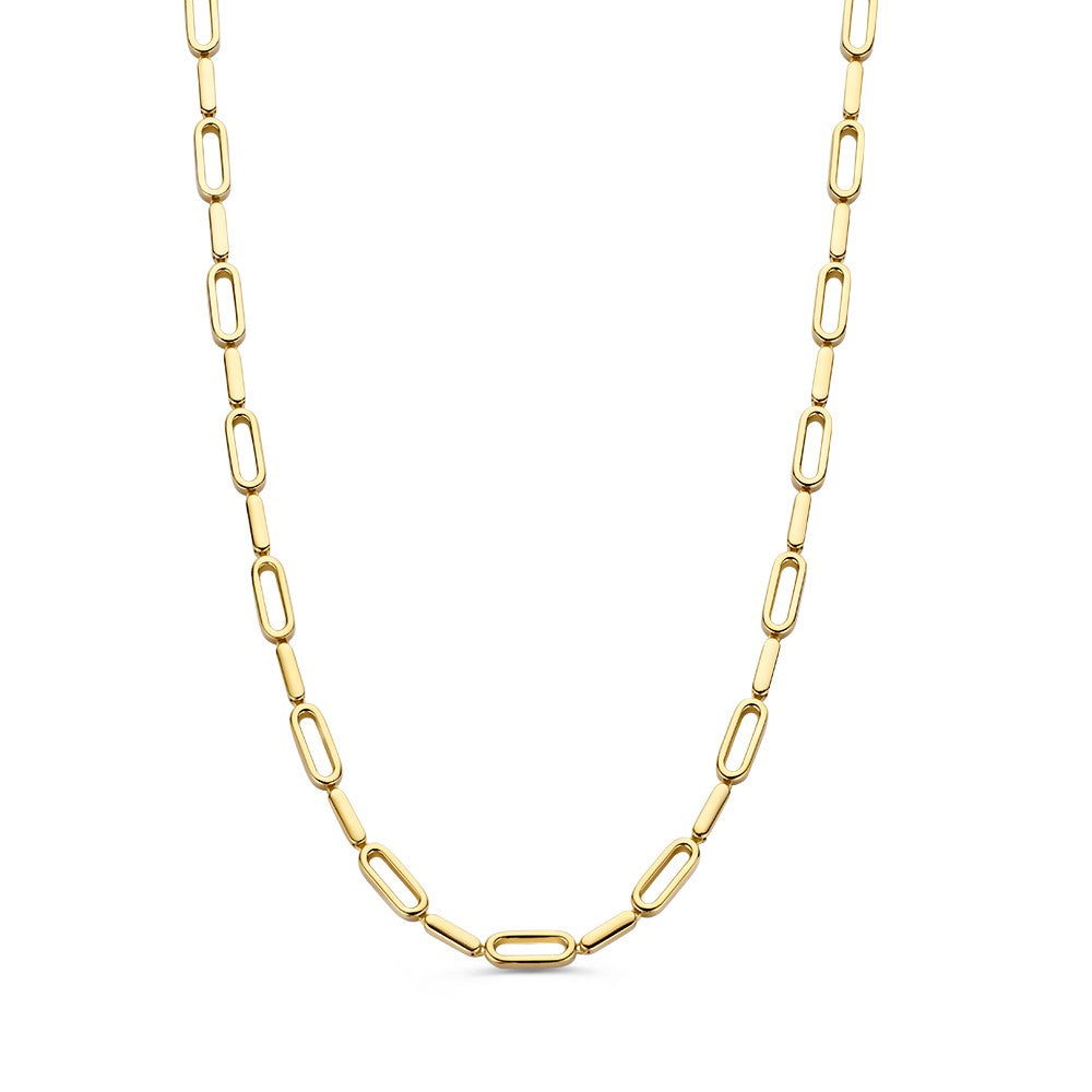 Geelgouden schakelcollier met speelse, ovale schakels in een glanzende afwerking.