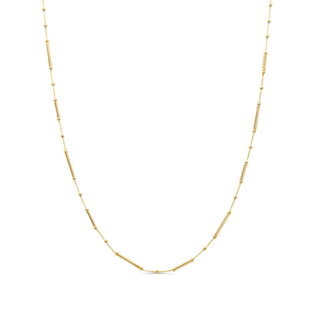 Geelgouden collier met een subtiele schakelstructuur en een enkele, kleine parel in het midden.