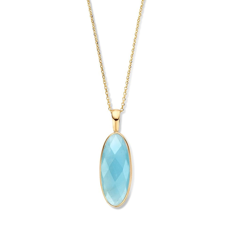 Geelgouden ketting met ankerschakels en een ovale aquamarijn hanger met facetten.