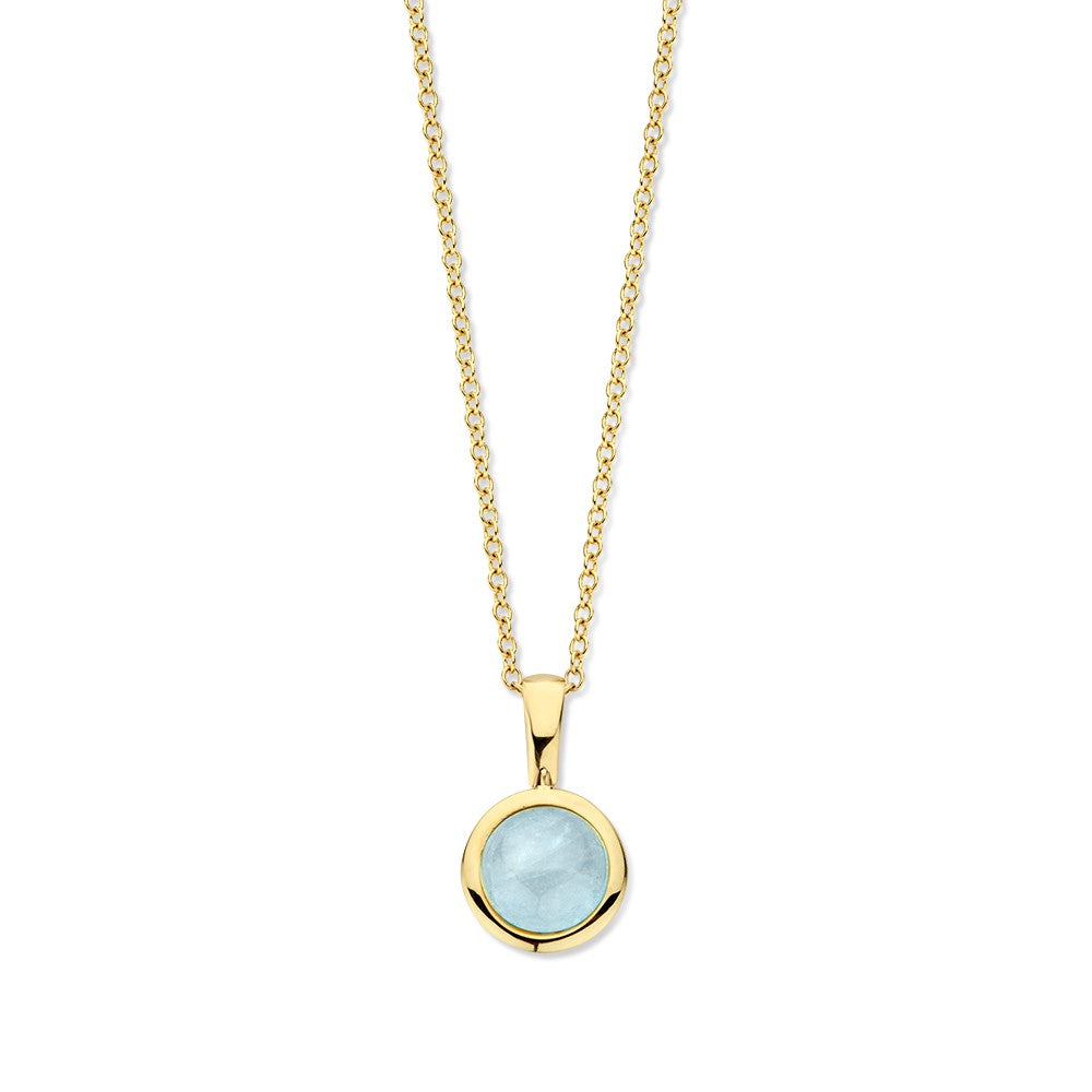 Collana in oro giallo con acquamarina, 14 carati, di 45 cm, con pendente rotondo.