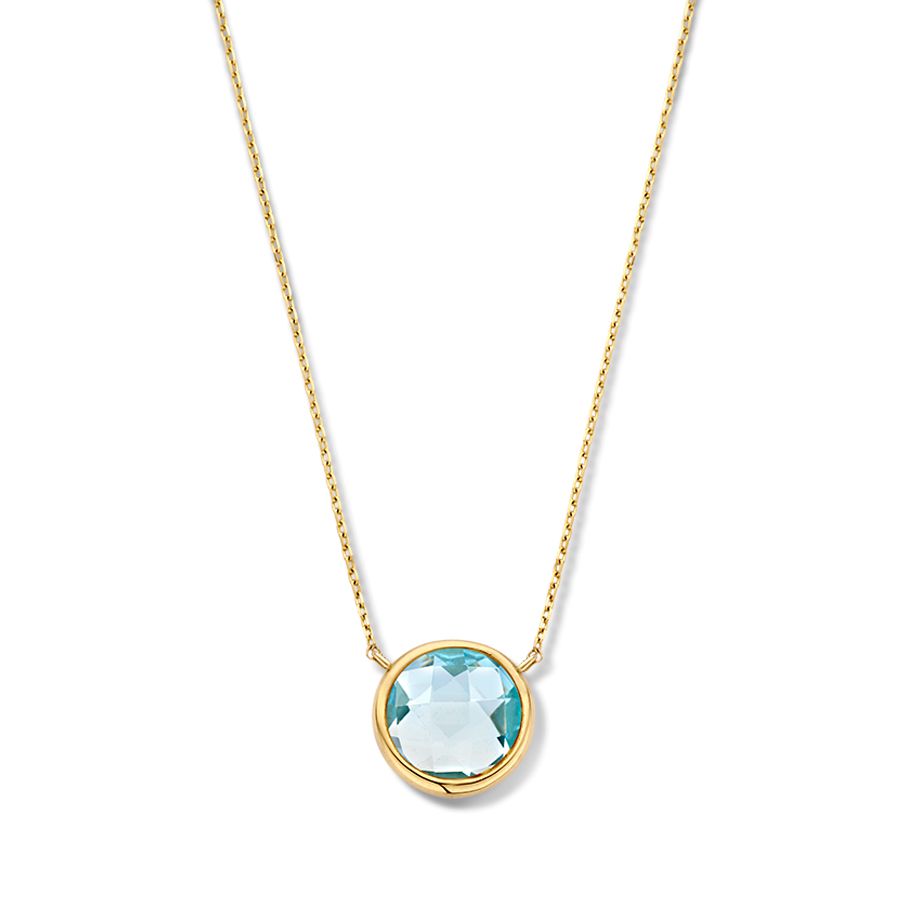 Collana in oro giallo con ciondolo in topazio blu sfaccettato.