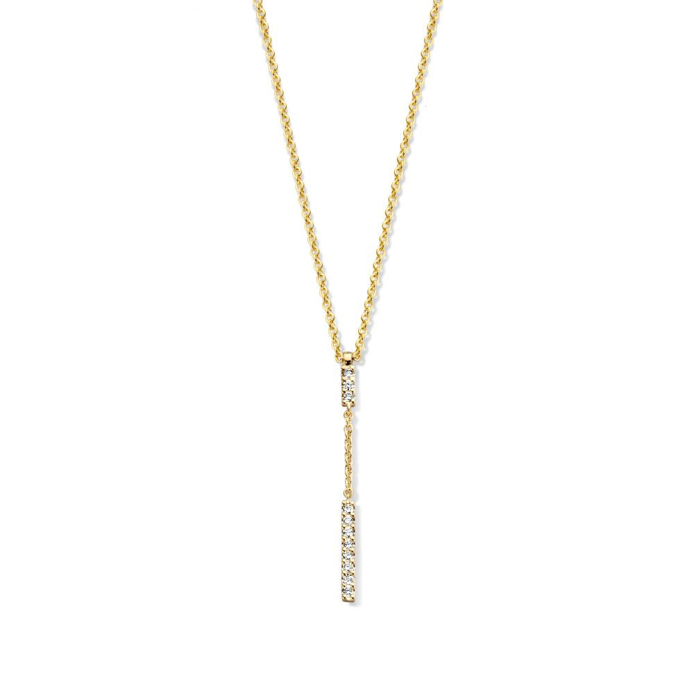 Collana in oro giallo con pendente di diamanti, design lungo e brillante.