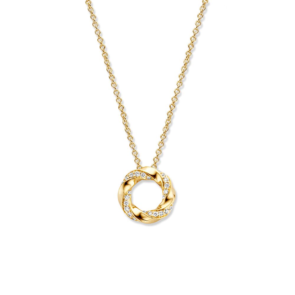 Collana in oro giallo con pendente a cerchio decorato con diamanti.