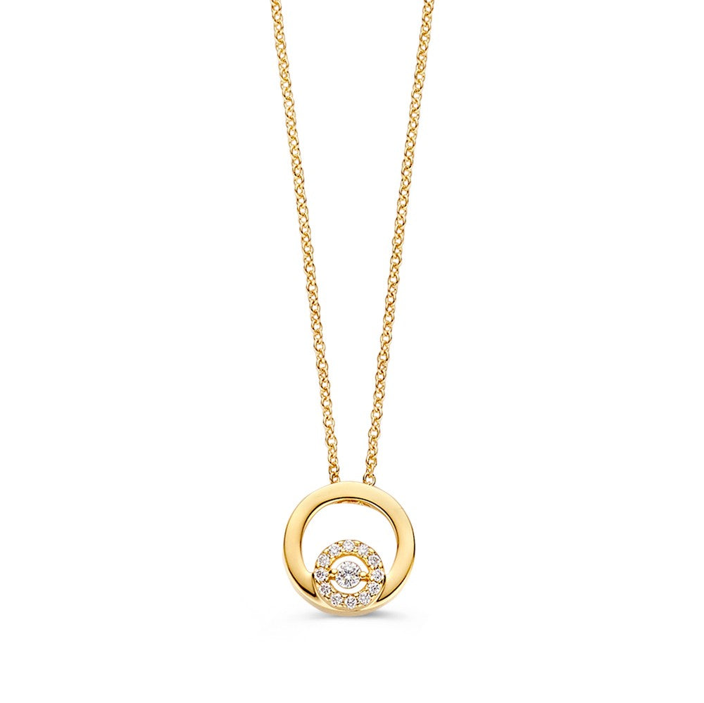 Geelgouden collier met een ronde hanger en drie diamanten in het midden.