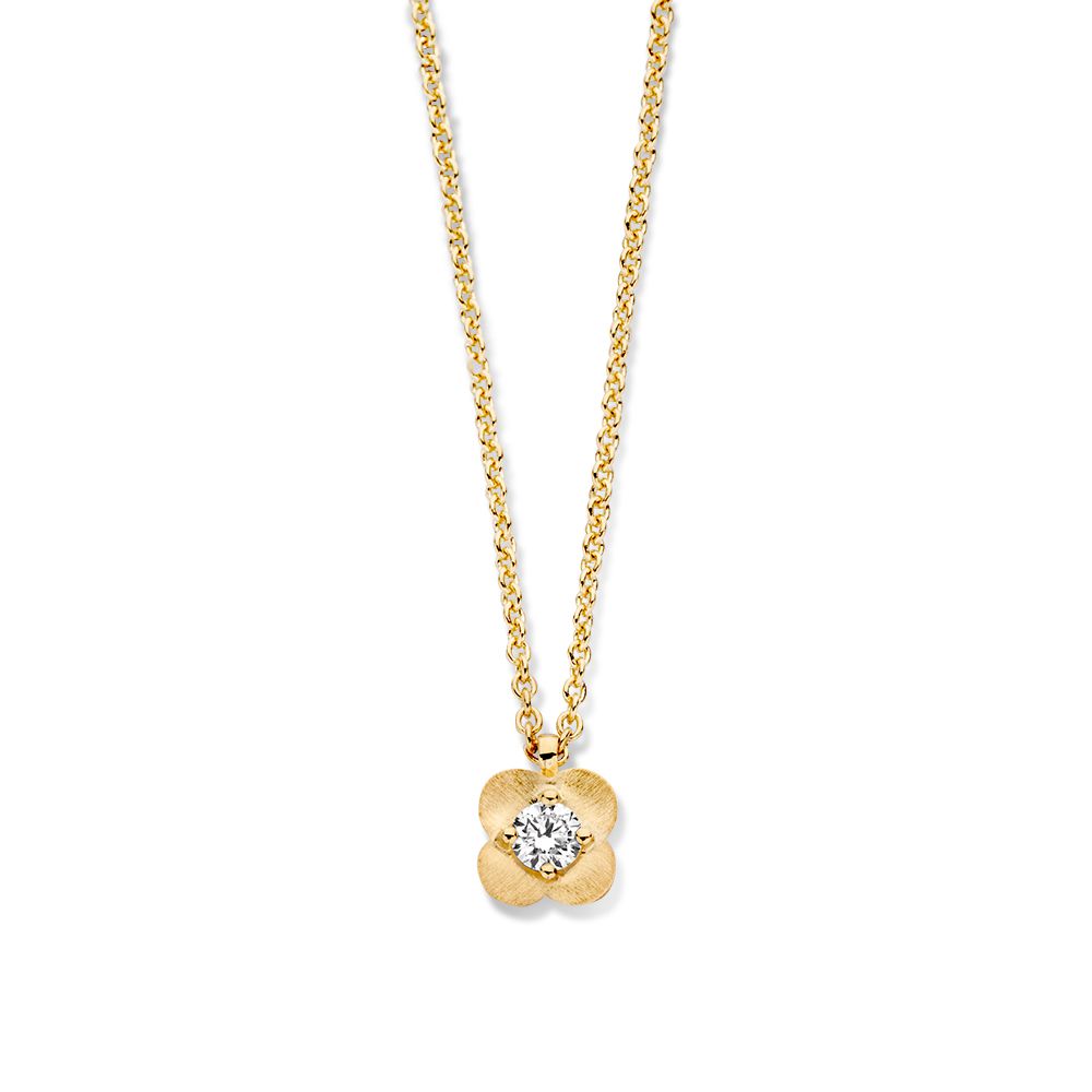 Collana in oro giallo con pendente a forma di fiore e diamante centrale.