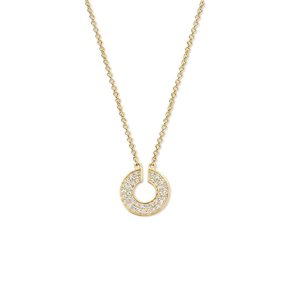Collana in oro giallo con diamanti, pendente circolare decorato, 14 carati.