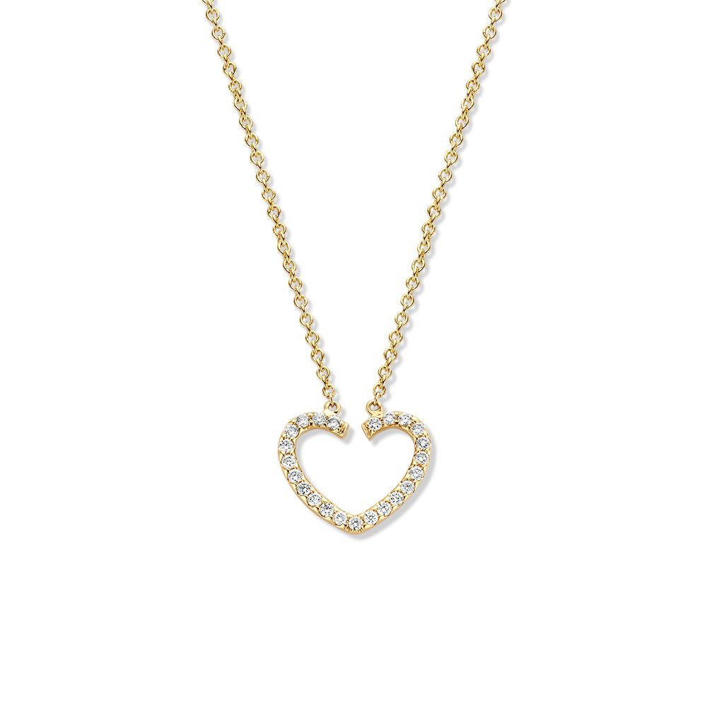 Collana in oro giallo con pendente a forma di cuore e diamanti.
