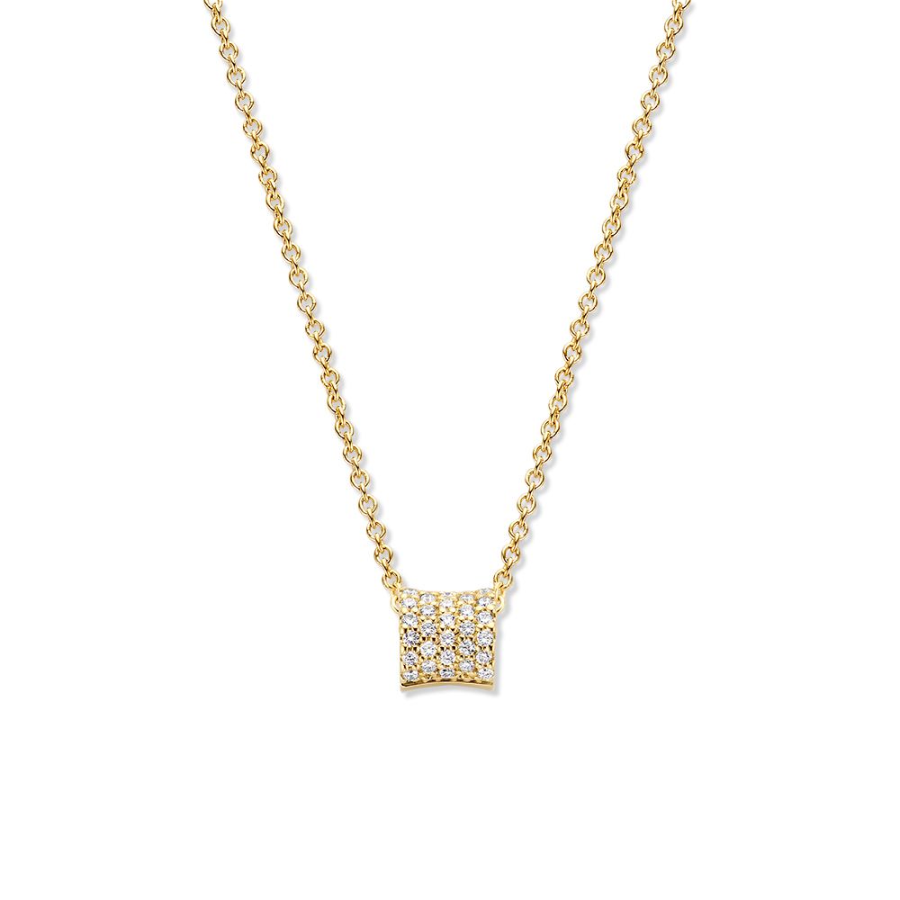 Collana in oro giallo con diamanti, 14 carati, con pendente a forma quadrata.