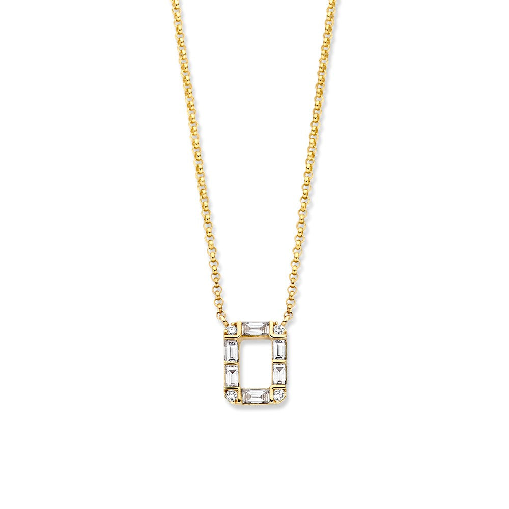 Collana in oro giallo con pendente di diamanti, 14 carati, 0,17 crt, con diamanti baguette e brillanti.