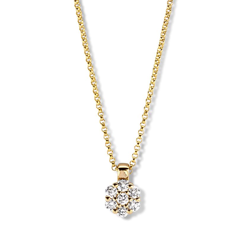 Collana in oro giallo con pendente di diamanti in incastonatura entourage.