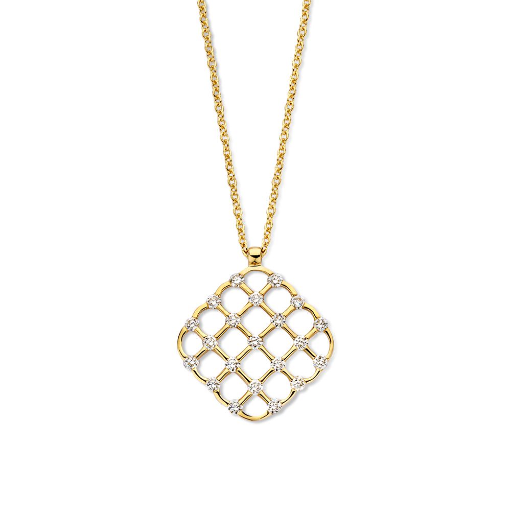 Collana in oro giallo con pendente a diamante, 14 carati, design a rete.