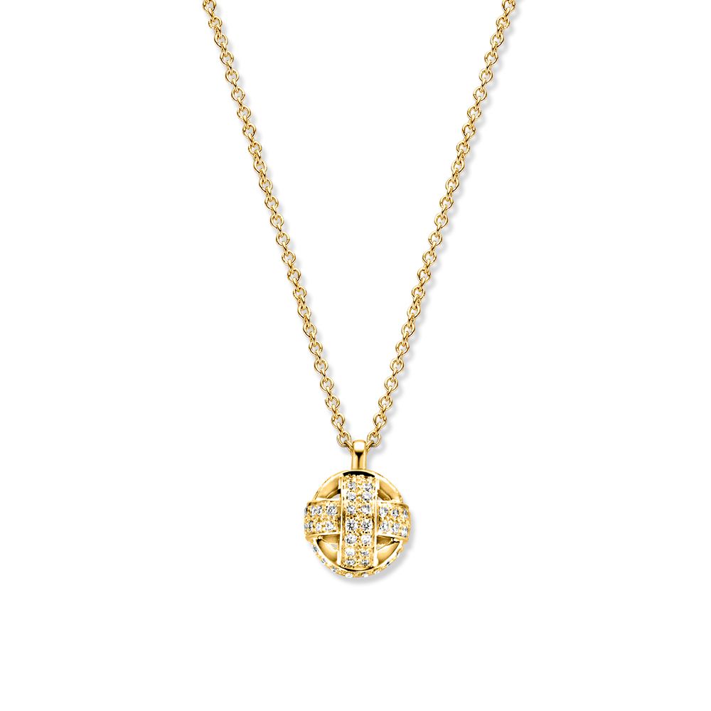 Collana in oro giallo con ciondolo a forma di nodo d'amore, decorata con diamanti.