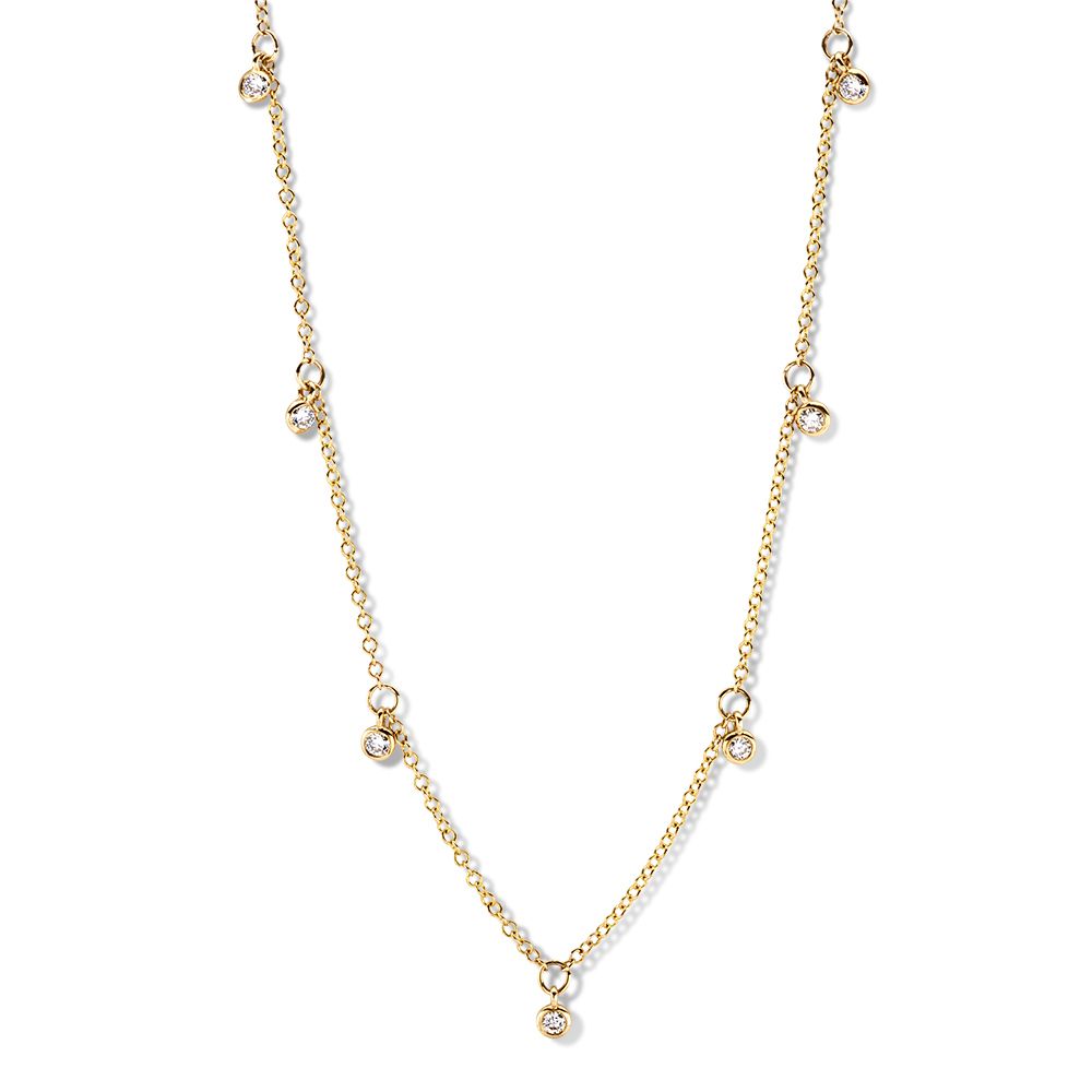 Collana in oro giallo con cinque diamanti danzanti, realizzata in oro 14 carati.