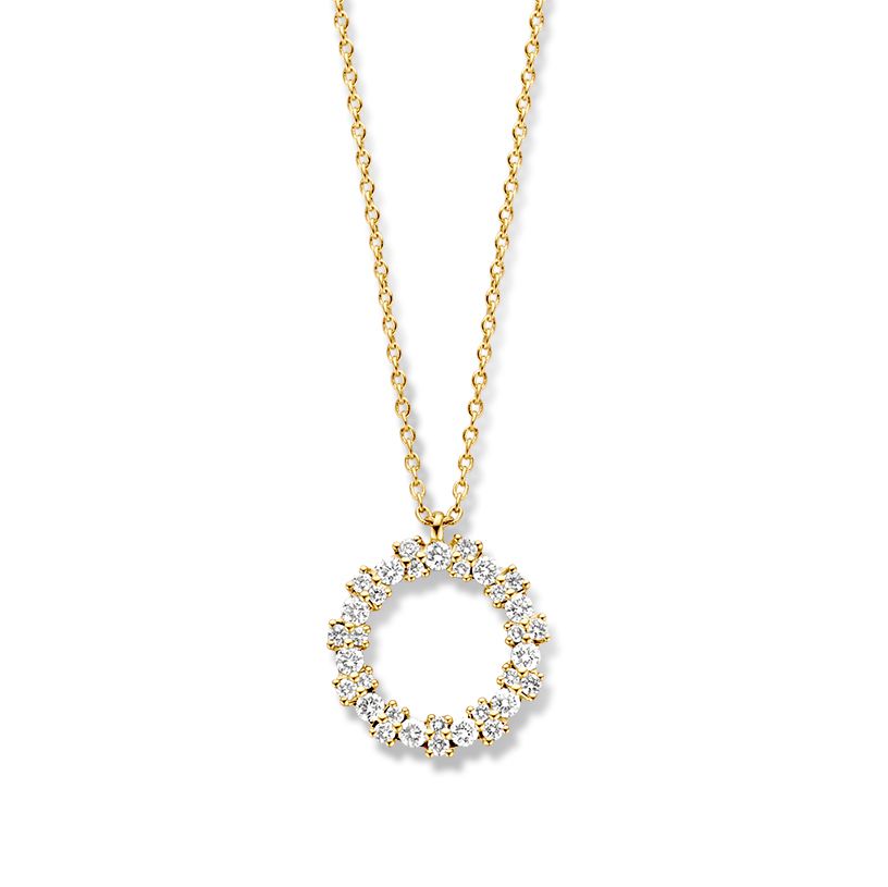 Collana in oro giallo con pendente circolare di diamanti, 14 carati e 0,28 crt di brillanti.