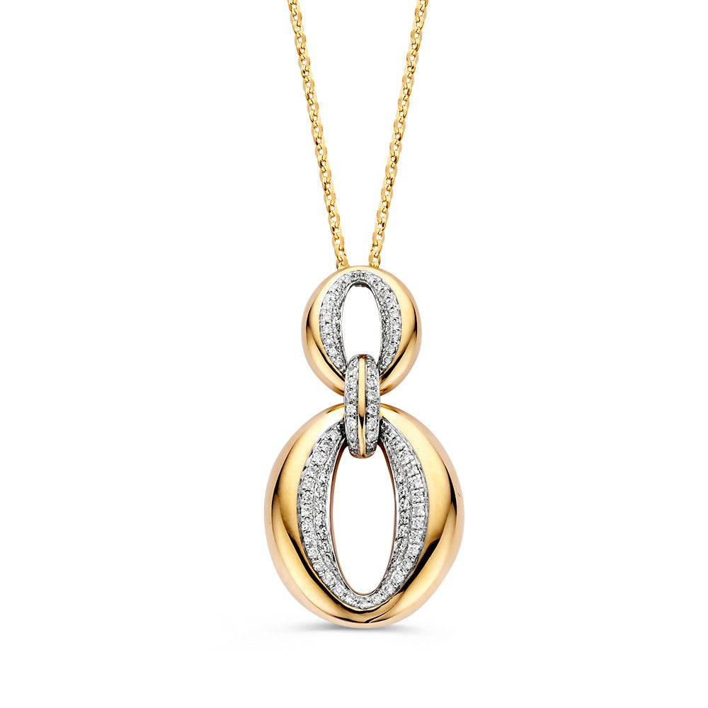 Collana elegante in oro giallo con pendente ovale decorato con diamanti.