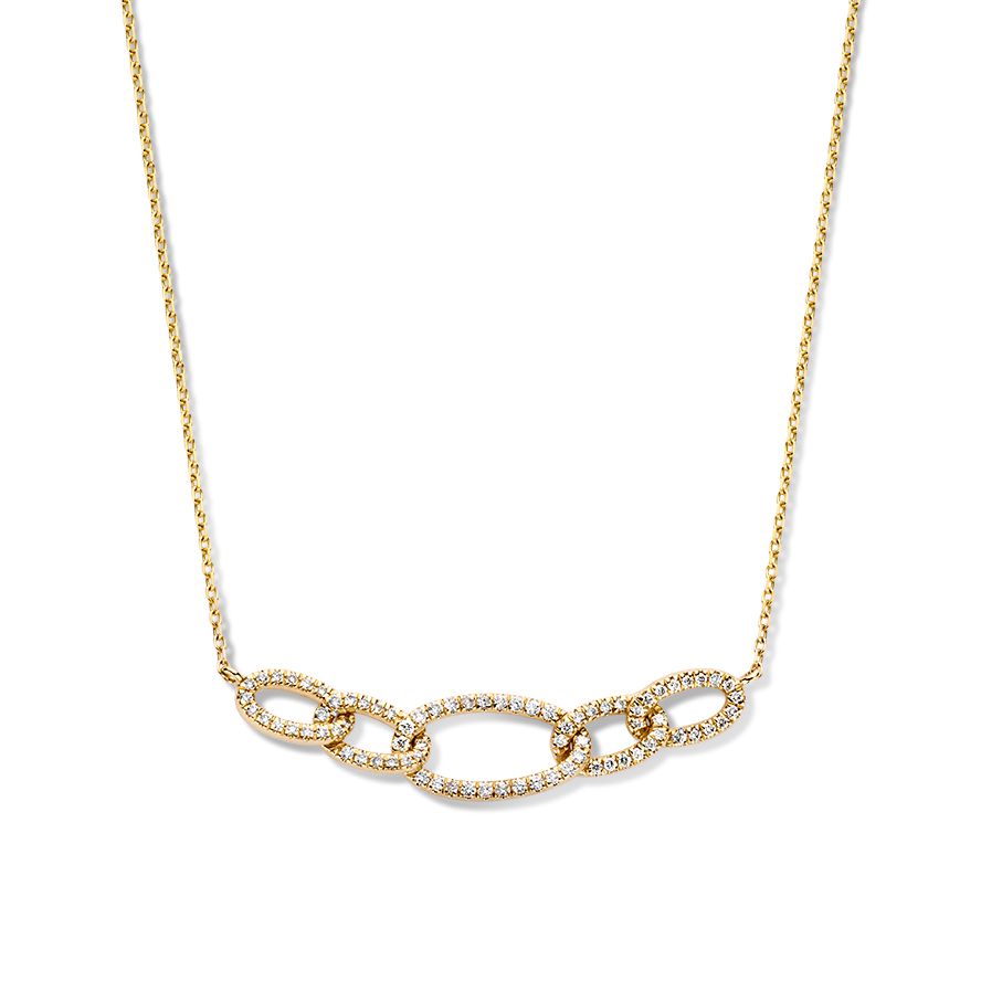 Collana in oro giallo con cinque anelli di diamanti, 14 carati e 0,36 crt.