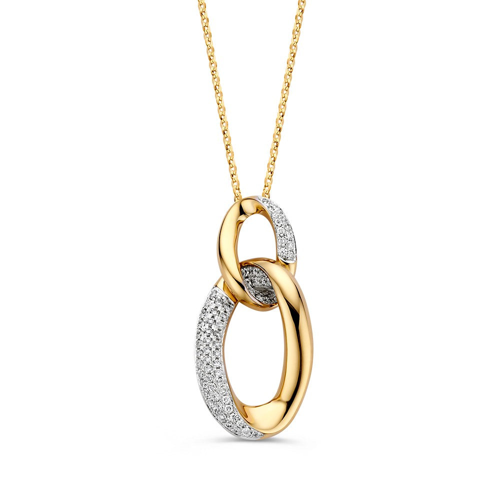 Collana elegante in oro giallo con pendente a catena, decorata con diamanti.