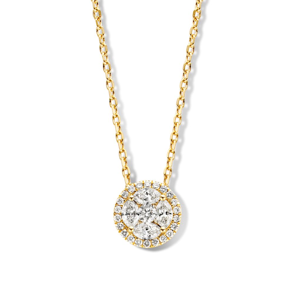 Collana di lusso in oro giallo con diamanti a marquise e brillanti, 14 carati.