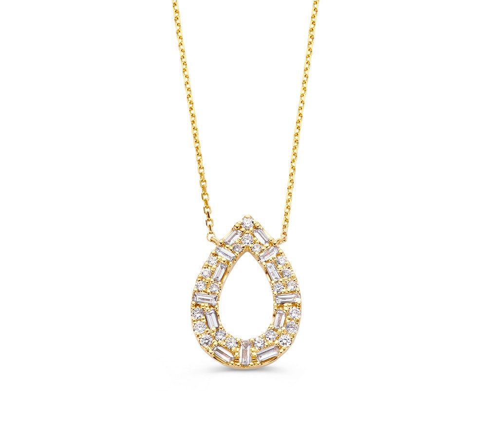Geelgouden collier met een druppelvormige hanger, bezet met 0,81 crt diamanten.