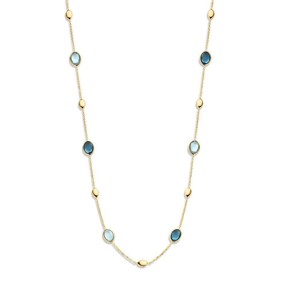 Collana in oro giallo con topazi e topazi blu di Londra, composta da gemme ovali alternate.