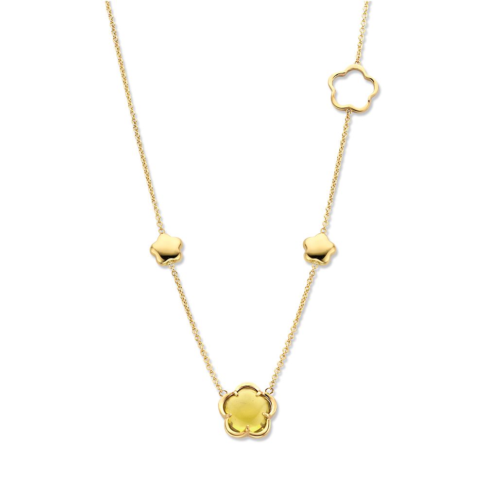 Collana in oro giallo con elementi floreali e pietre di quarzo verde, realizzata in oro 14 carati.