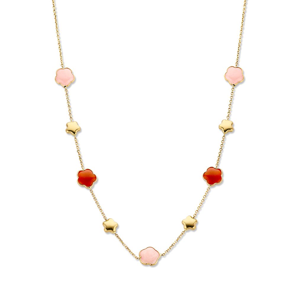 Collana in oro giallo con pietre preziose multicolori a forma di fiore, 14 carati.