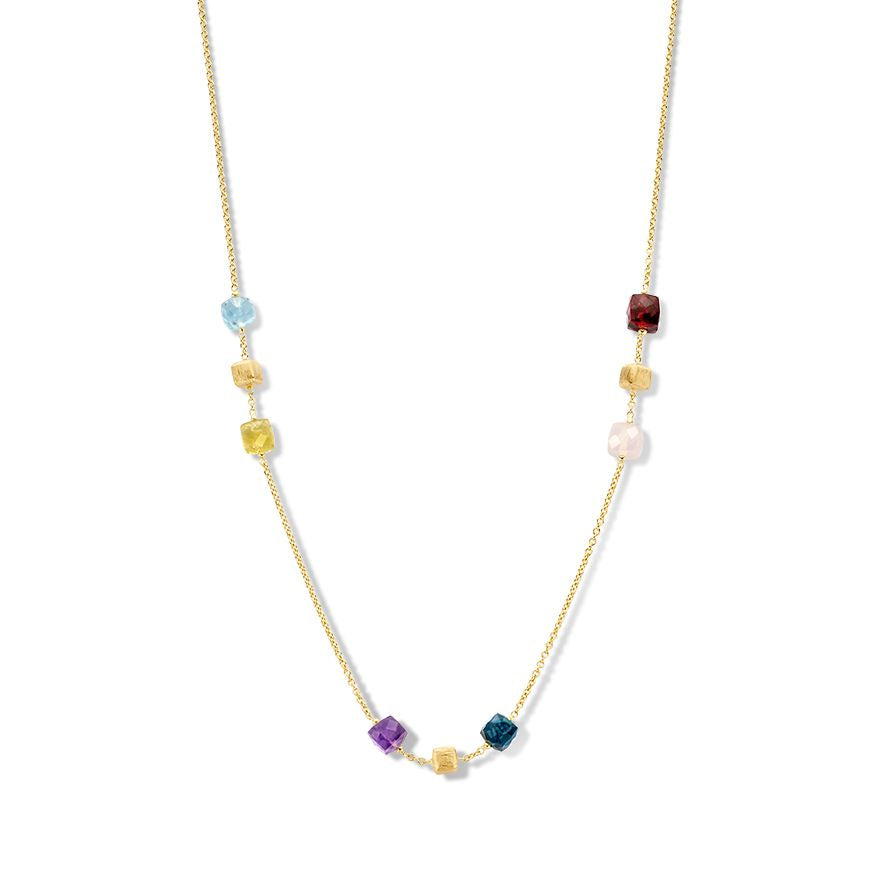 Collana in oro giallo con elementi in oro opaco e pietre preziose multicolori.