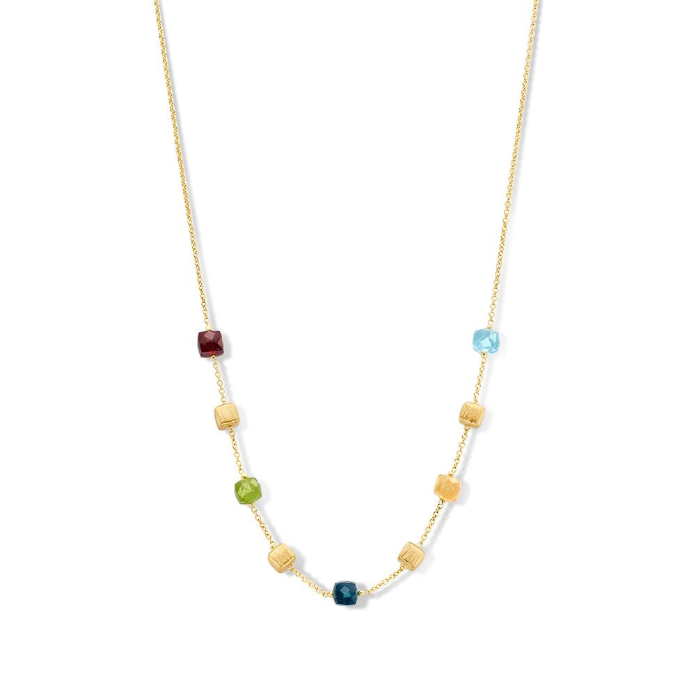 Collana in oro giallo con blocchetti d'oro opaco e pietre preziose multicolori.